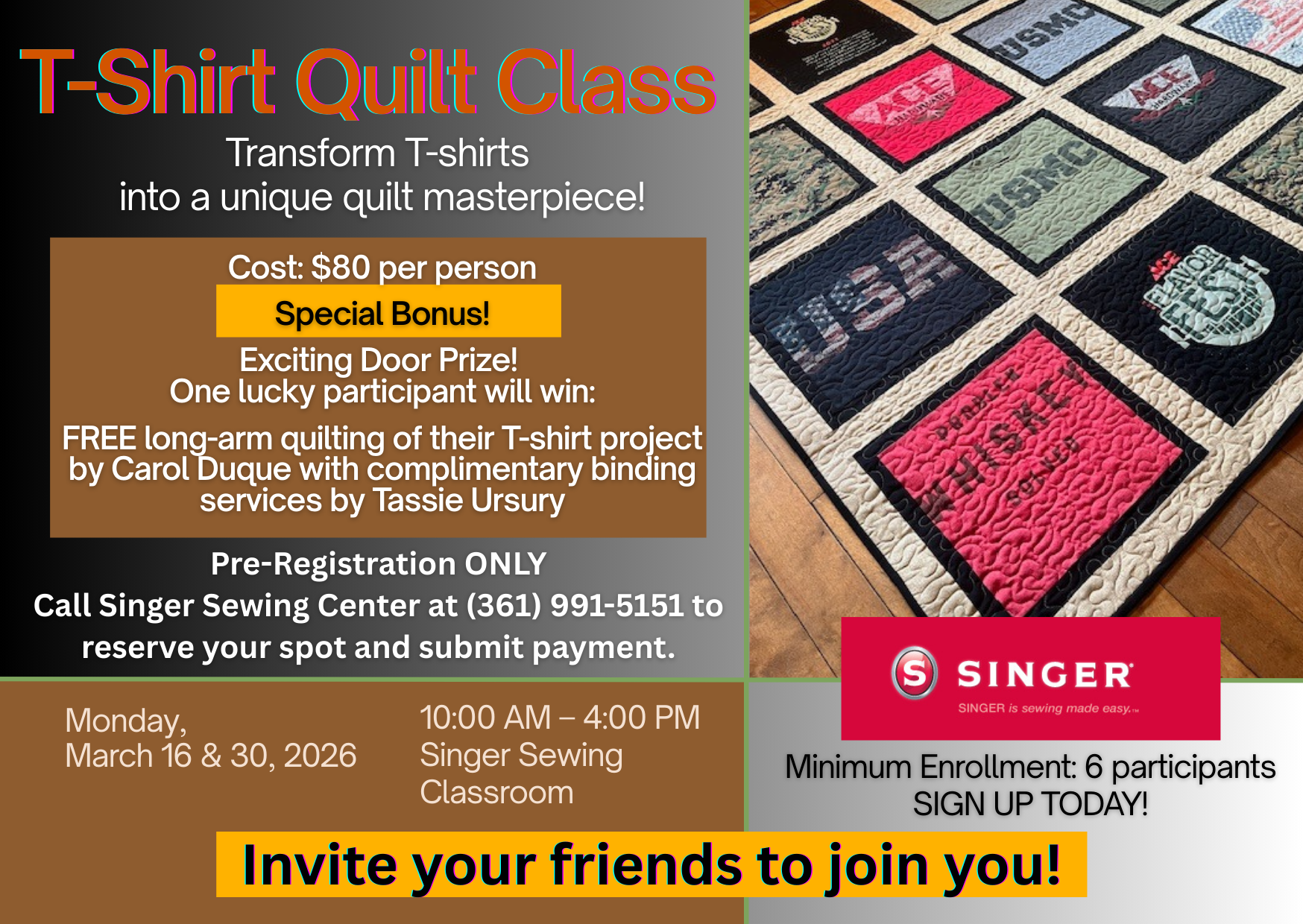 T-Shirt Quilt Class at the Singer Sewing Classroom!