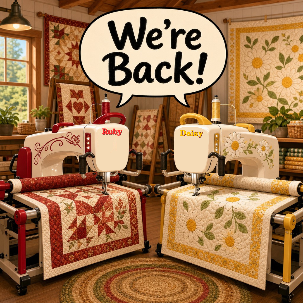 Two longarm quilting machines named Ruby and Daisy side by side in a cozy studio with a We're Back! speech bubble